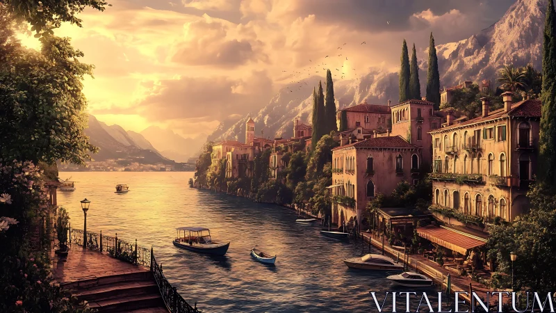 Golden lakeside village basks in tranquil sunset glow