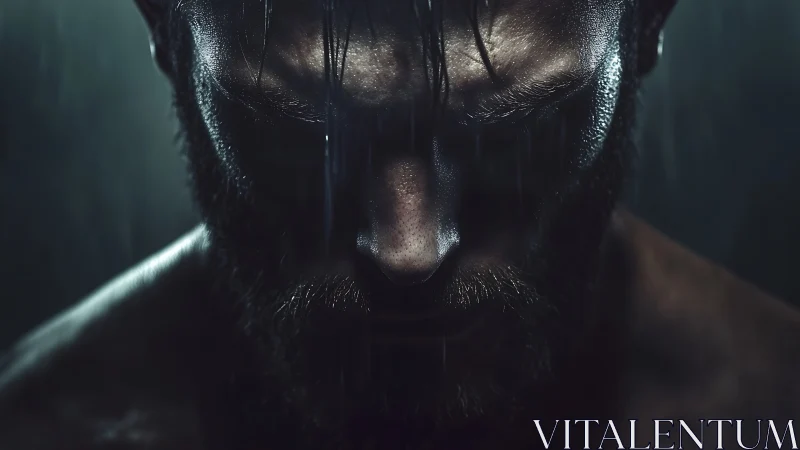 Brooding bearded man under rain in dramatic low light.