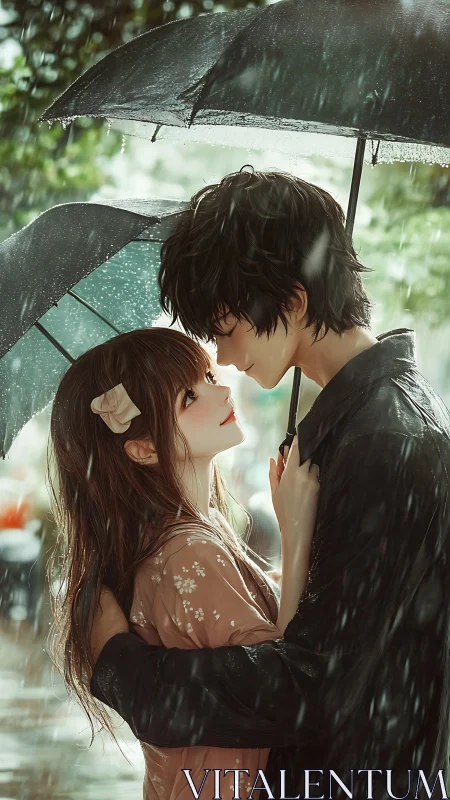 Rain-Soaked Embrace: Two Souls Sheltered Beneath Umbrellas