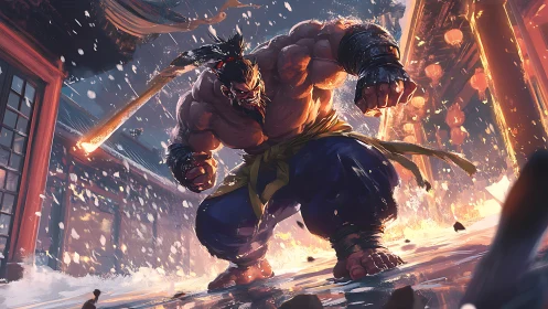 Temple-cracking brawler storms lantern-lit winter courtyard.