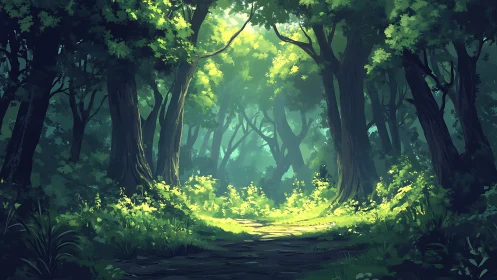 Enchanted Forest Path Through Morning Light.