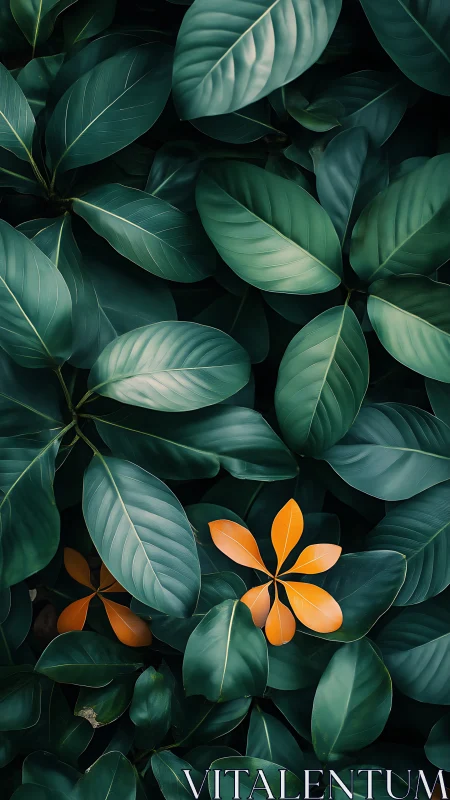 Green foliage background with isolated orange leaf clusters.