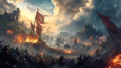 Panoramic medieval naval siege rendered with dynamic atmospheric lighting