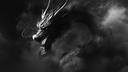 Monochrome serpentine dragon emerging from dense shadowed mist.