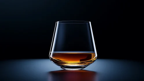 Whiskey glass on reflective surface against dark background.