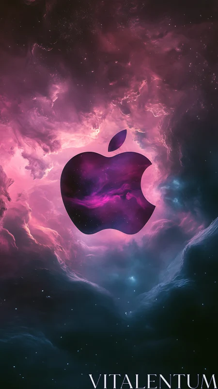 Logo silhouette over pink and teal cosmic nebula field.