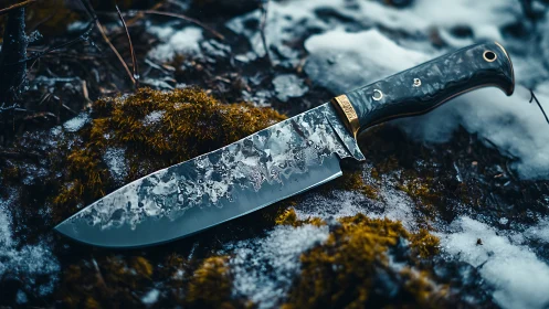 Winter-lit camp knife resting quietly on mossy ground.