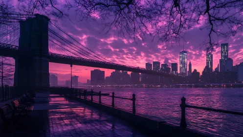 Brooklyn Bridge frames neon violet Manhattan dusk skyline.