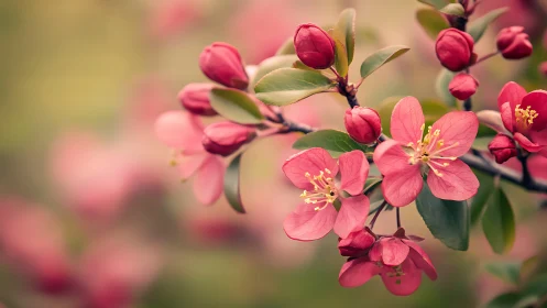 Pink flowering tree blossoms in various growth stages on branch.