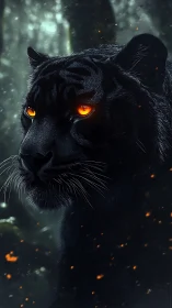 Fiery-eyed black panther gazes through embers in shadowed jungle.