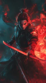Fiery red samurai warrior framed by blue shadow flames.