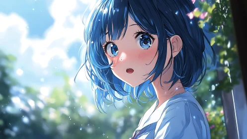 Blue haired daydreamer catches sunlight and summer whispers