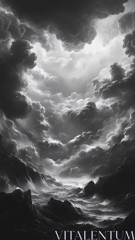Storm-lit ocean gorge under swirling monochrome skies.
