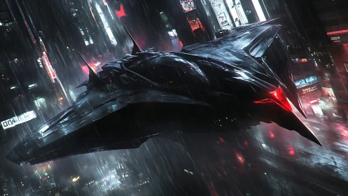 Midnight stealth cruiser gliding through neon storm skies.