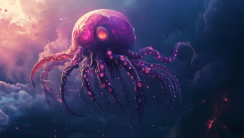 Gentle cosmic octopus drifting through glowing twilight sky.
