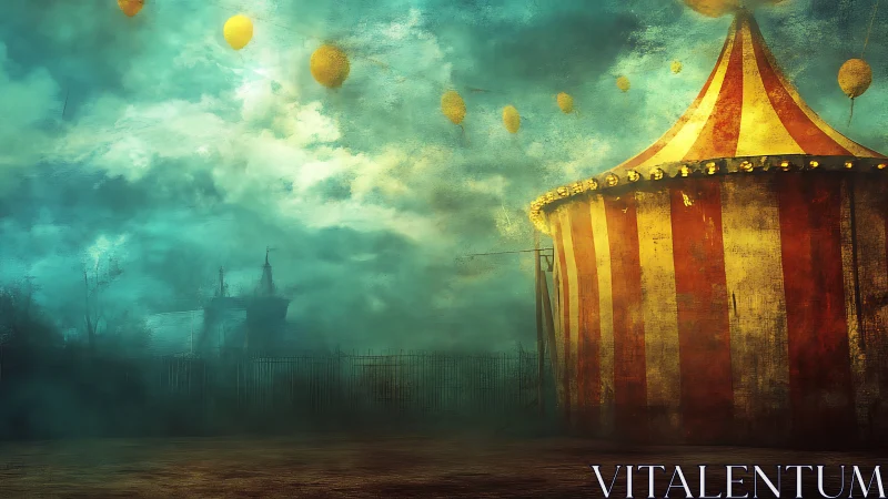 Moody digital painting of abandoned circus tent with balloons.