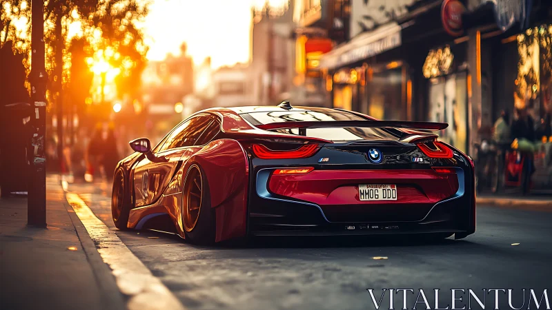 Sunlit red BMW supercar idling on a vibrant city street.