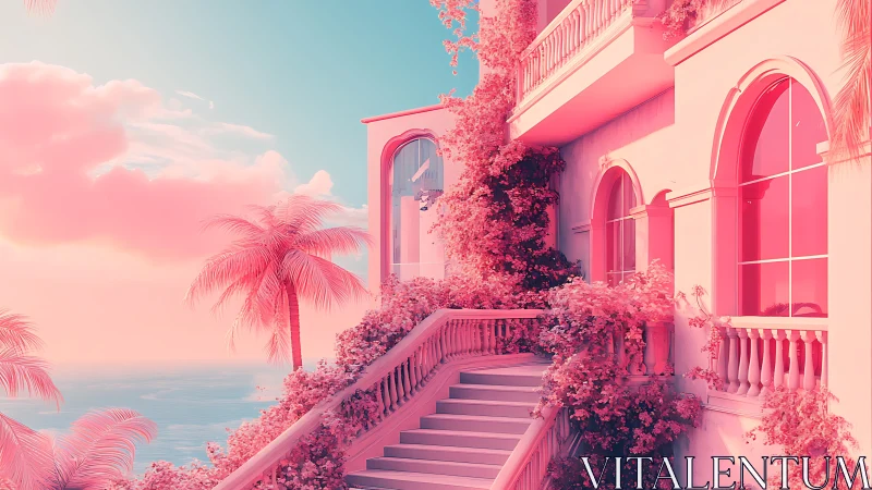 Dreamy pastel coastal villa glows in surreal sunset light.