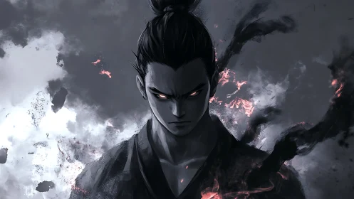 Volcanic-eyed ronin within turbulent monochrome combustion field.