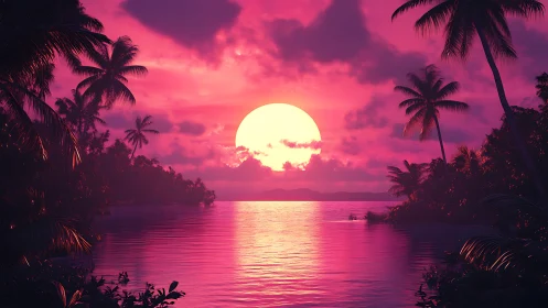 Neon tropic sunset ignites reflective palm lagoon horizon.