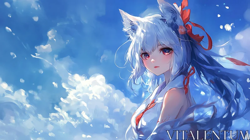 Celestial fox-eared girl rendered in luminous anime clouds