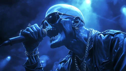 Spectral vocalist in chrome leather under cobalt stage luminance.