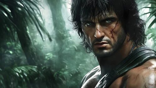Battle-hardened warrior stands vigilant in dense jungle rain.