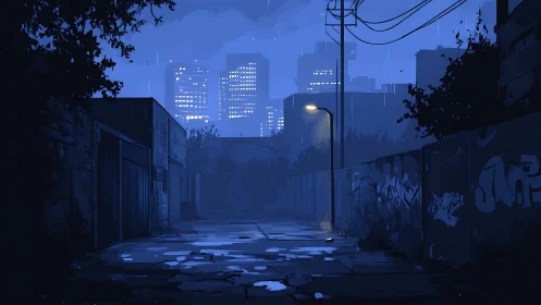 Rainy urban alley shows wet pavement reflecting city lights