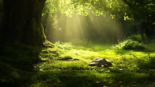 Sunlit moss whispers beneath an ancient forest guardian