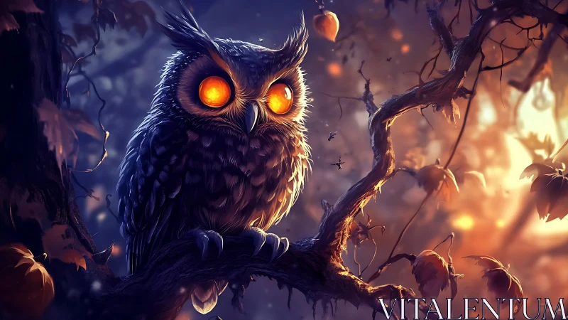 Owl with glowing eyes on twisted branch in dusk forest.