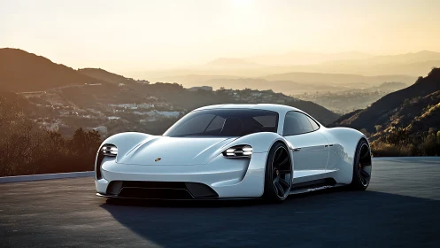 Electric sports car glows against hazy mountain sunset backdrop