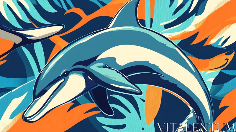 Stylized vector dolphins in dynamic teal and orange currents