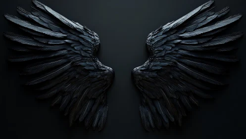 Black feathered wings on dark background in dramatic light.