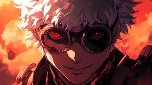 Goggled white‑haired antihero smiles against a burning sky