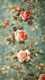 Blooming vintage roses on teal painterly botanical ground.