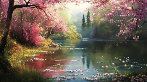 Cherry blossom river reflects soft spring forest light