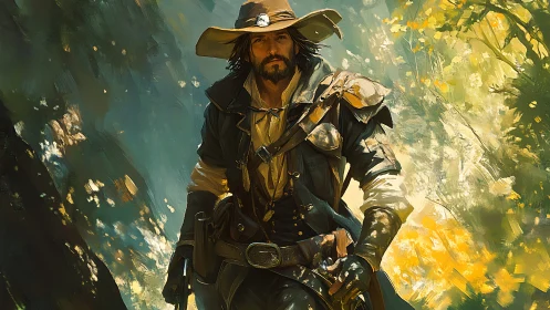 Rugged ranger strides through sunlit forest trail cautiously