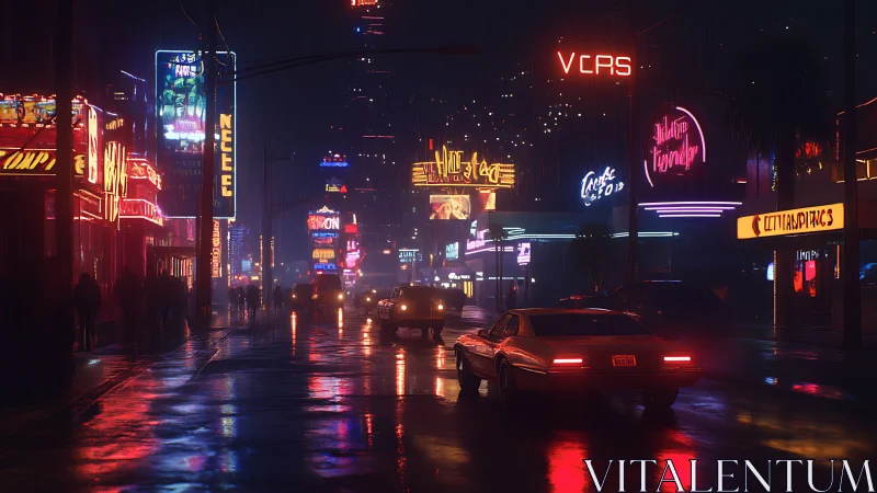 Neon drenched city street glows through cinematic night rain.