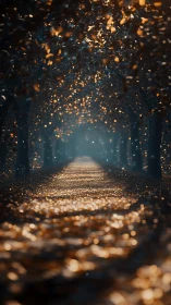 Golden Particles Illuminate Dark Forest Path.