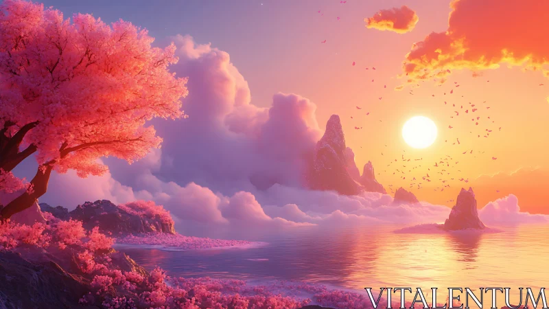 Surreal pink blossom coast under radiant fantasy sunset.