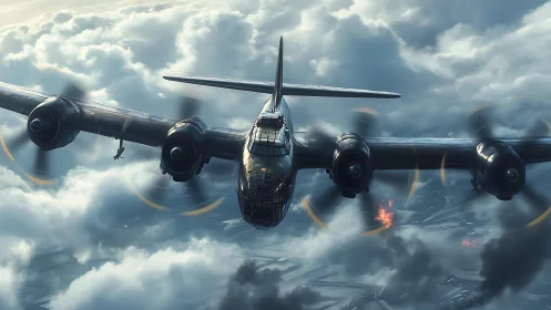 Heavy bomber cuts through storm clouds above burning city