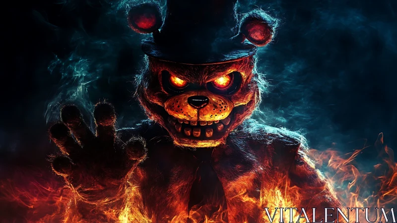 Anthropomorphic bear animatronic in flames, frontal view.