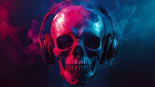 Human skull wearing headphones is lit by dual colored lighting