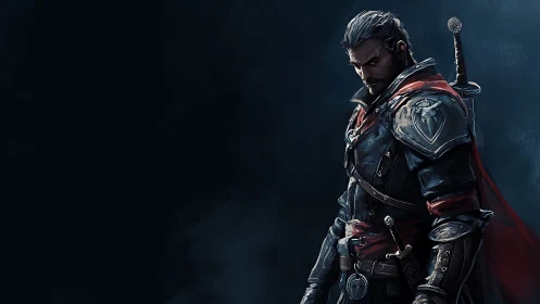 Armored swordsman in dark fantasy plate with red cloak