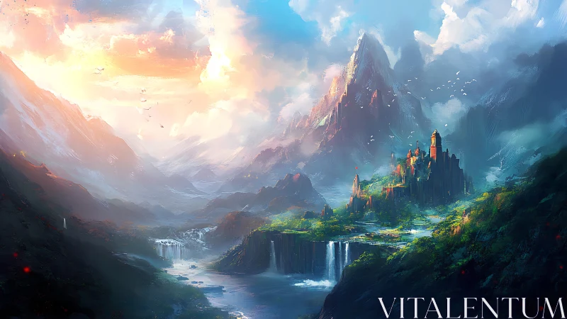 Sunlit mountain citadel overlooks cascading valley waterfalls