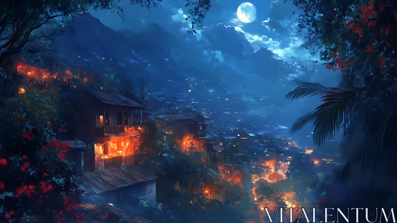 Nocturnal Valley: Digital Landscape with Fire and Moonlight.