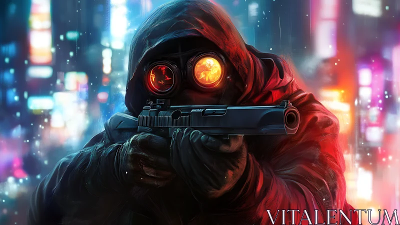 Neon-hooded marksman aims through blazing cyber goggles.