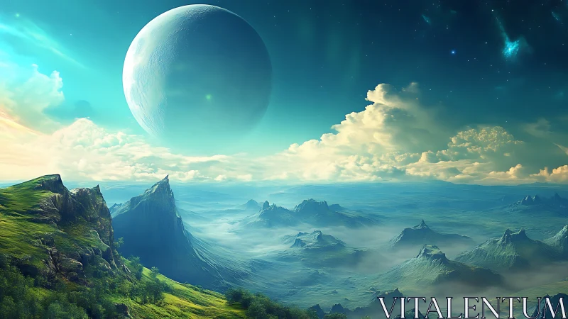 Colossal alien planet rises over misted emerald valley