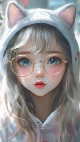 Hyperreal anime portrait with cat-ear hoodie and glasses.