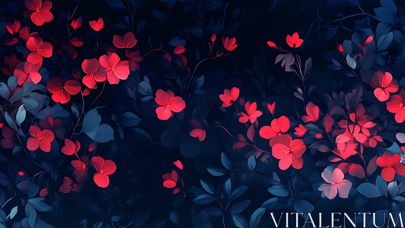 Glowing Red Blossoms Dance Through Twilight Garden.